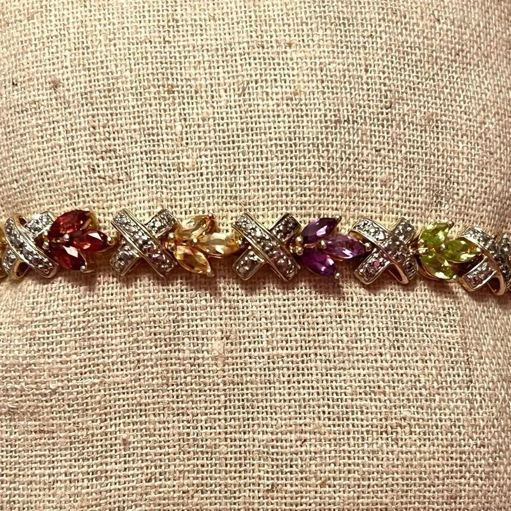Multi Gemstone Gold Plated Sterling Silver Tennis Bracelet